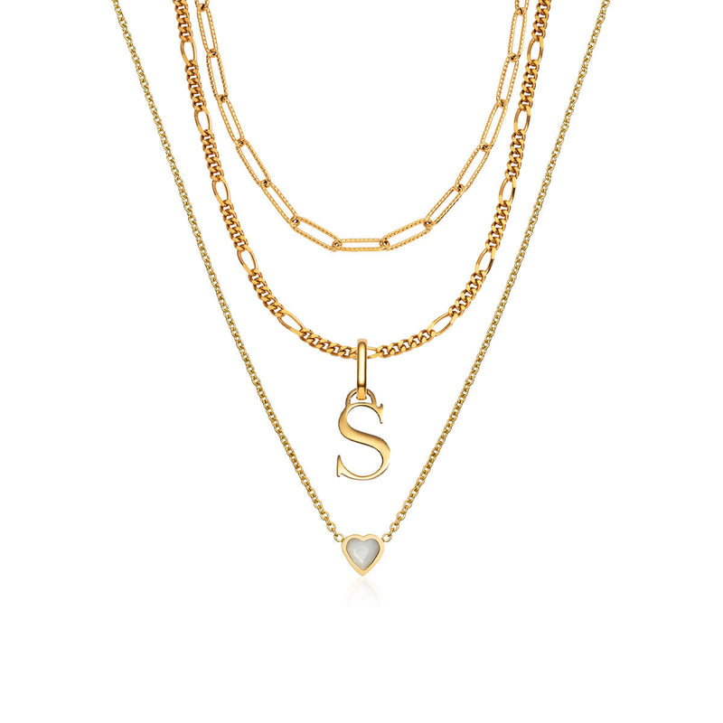Mini Heart Birthstone & Initial Layered Necklace Set (Gold)