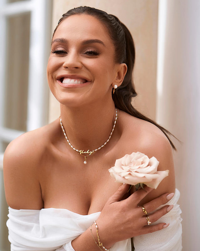 Pearl Chain Signature Name Bracelet (Gold)