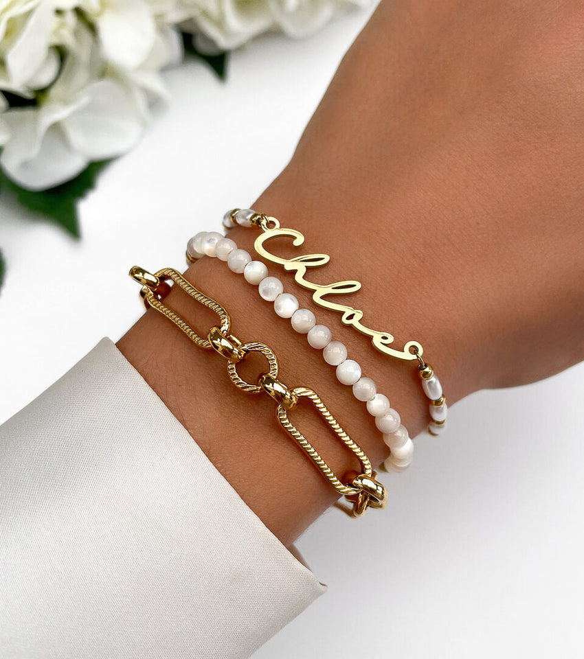 Pearl Chain Signature Name Bracelet (Gold)