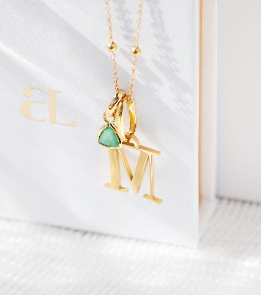 Personalised Initial & Droplet Birthstone Necklace (Gold)