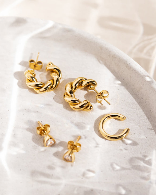 Twisted Huggie Hoop Earrings (Gold)